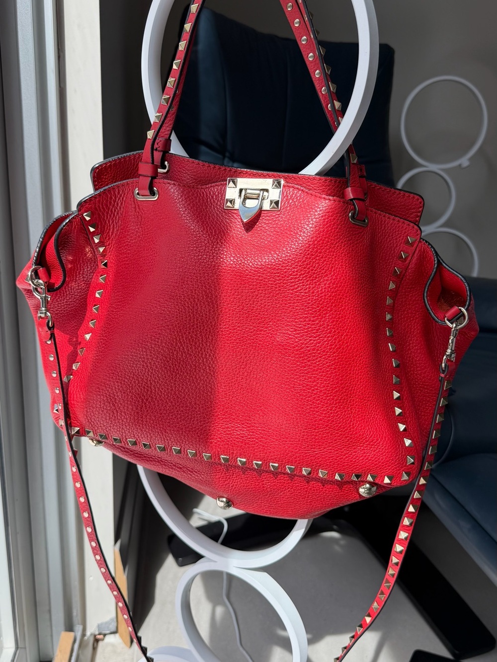 Valentino Red Leather Stud-Trim Shoulder Bag